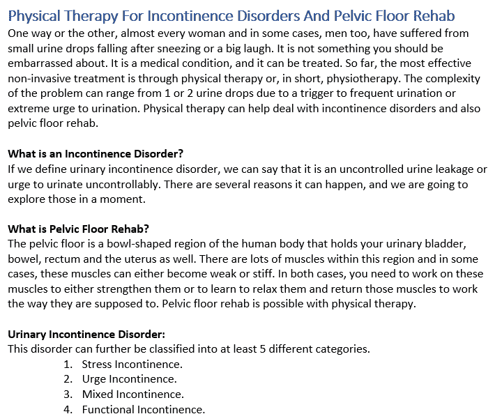 Physical Therapy For Incontinence Disorders And Pelvic Floor Rehab