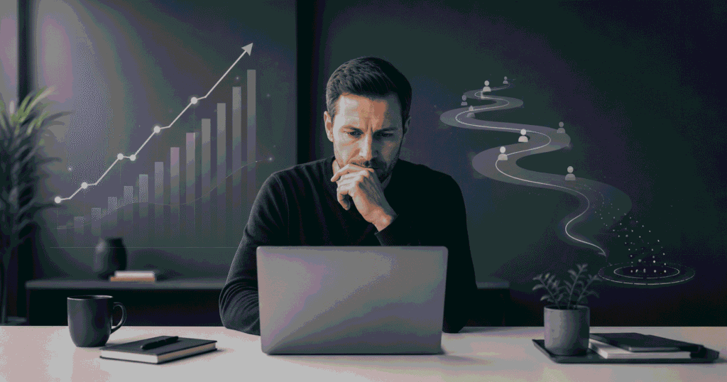 Business owner reviewing website traffic analytics while enquiries remain low