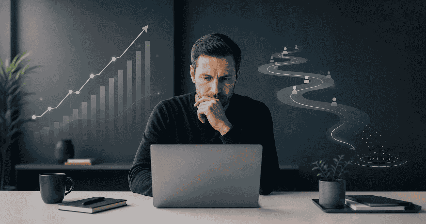 Business owner reviewing website traffic analytics while enquiries remain low