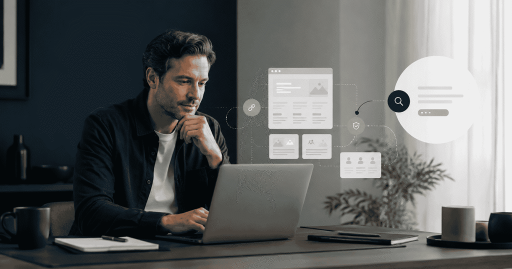 Service-business owner reviewing clear website content and AI search readiness