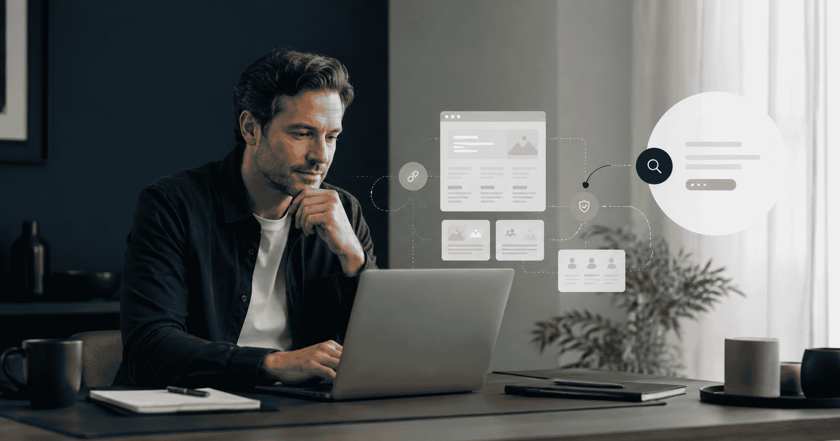 Service-business owner reviewing clear website content and AI search readiness
