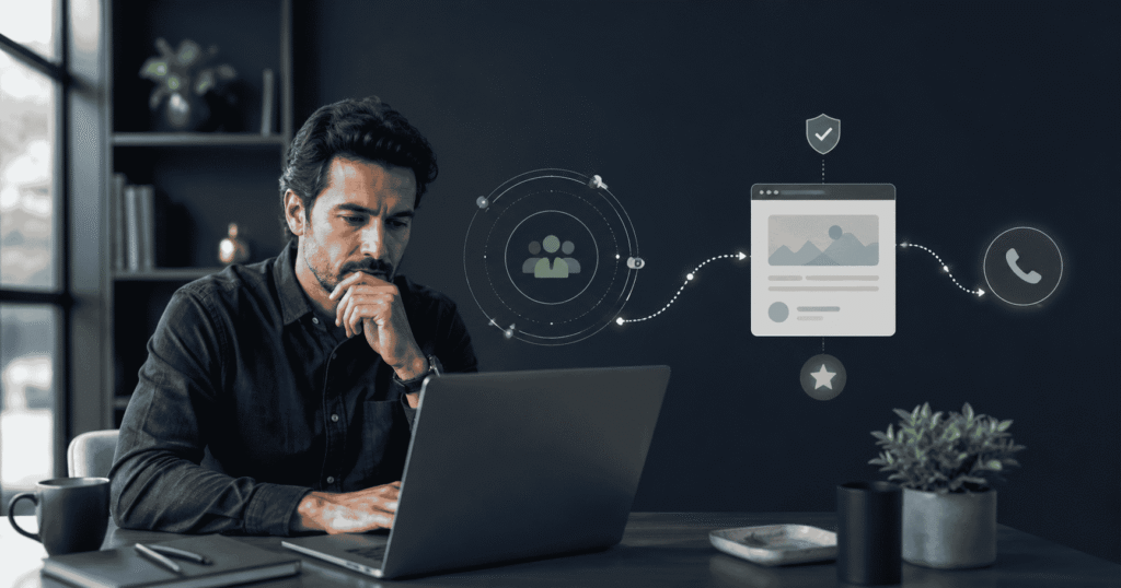 Local service-business owner reviewing Google Business Profile views and website inquiry path