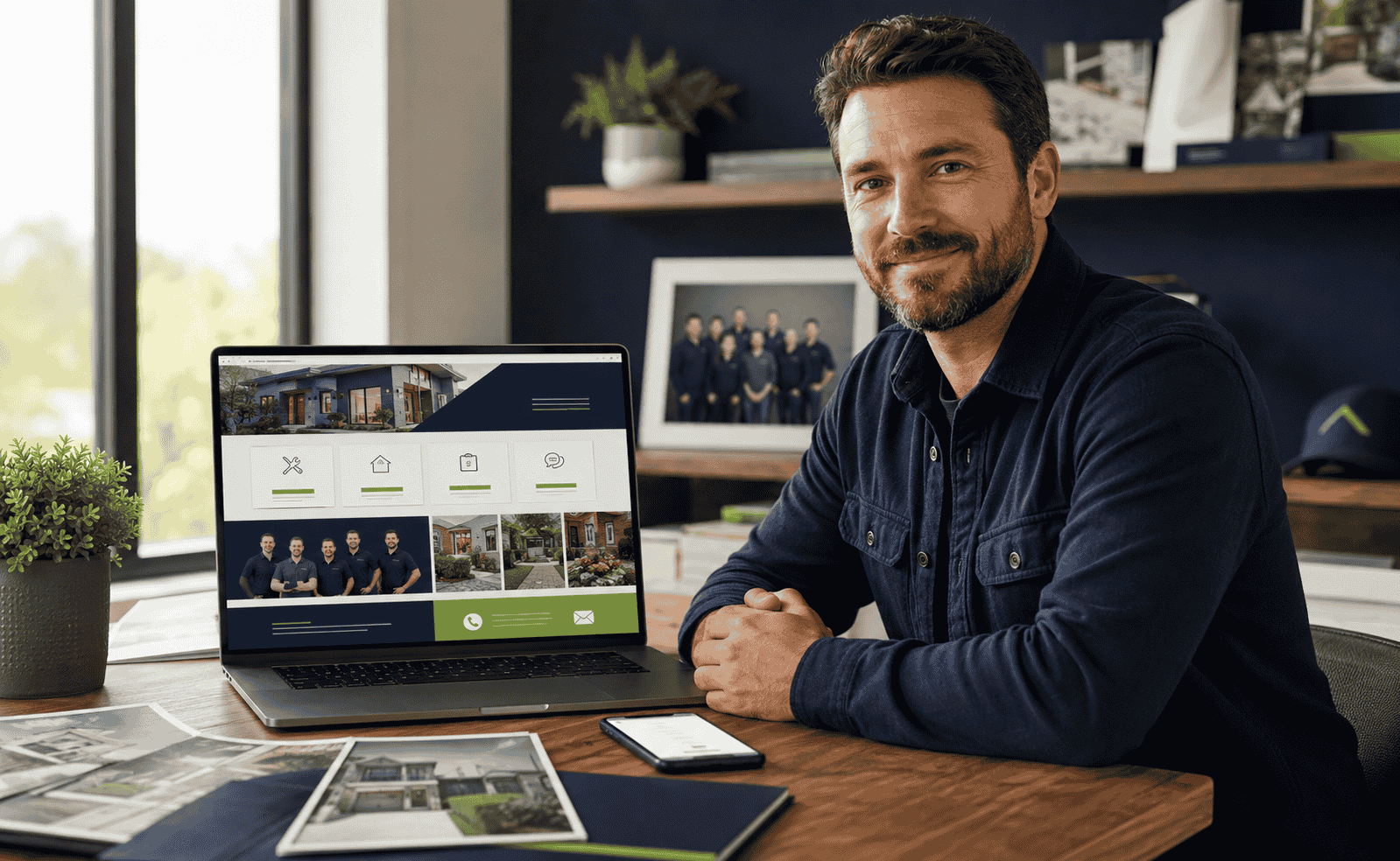 Local service-business owner reviewing customer trust signals across website and business profile