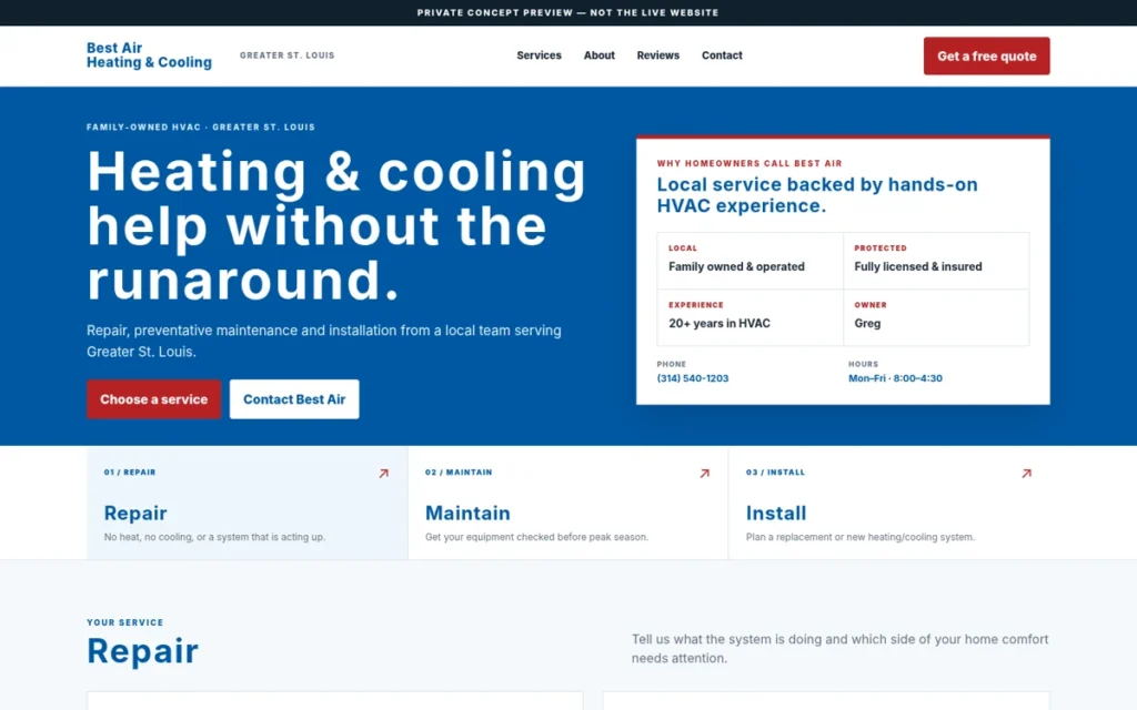 Preview of Best Air Heating & Cooling — Service Routing Homepage Concept